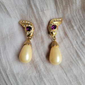 Baroque Statement Runway Earrings Pearl Drops Purple Crystals 1990s Vintage Glam
